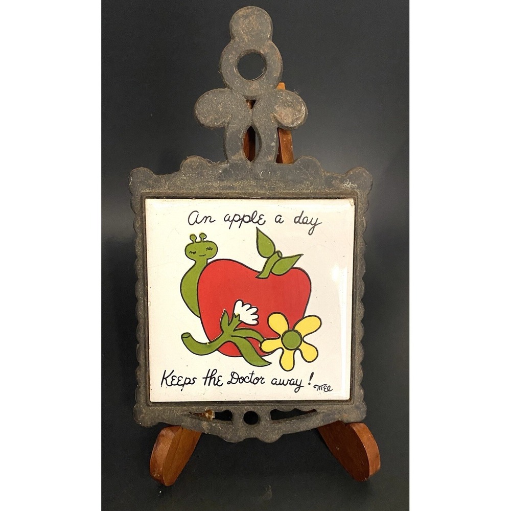 Vintage Cast Iron Apple a Day Trivet Wall Hanging Ceramic Tile Taiwan Retro 70s